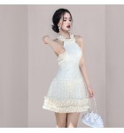 少女連身裙掛脖露肩木耳邊短裙