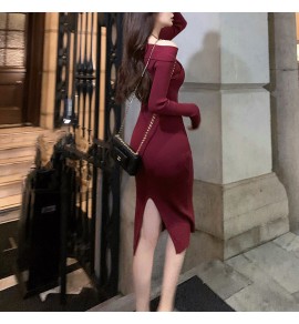少女連身裙V領掛脖針織中長裙
