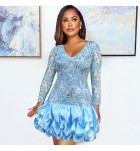 女裝禮服裙V領長袖亮片中裙