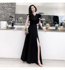 少女連身裙荷葉袖禮服開叉長裙