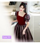少女禮服裙泡泡袖酒紅色中長裙