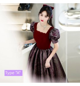 少女禮服裙泡泡袖酒紅色中長裙
