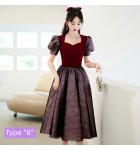 少女禮服裙泡泡袖酒紅色中長裙