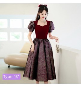 少女禮服裙泡泡袖酒紅色中長裙