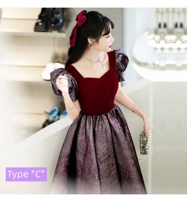 少女禮服裙泡泡袖酒紅色中長裙