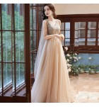少女禮服裙V領披紗宴會長裙