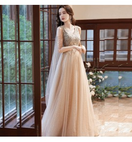 少女禮服裙V領披紗宴會長裙