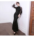 少女禮服裙立領網紗袖宴會長裙