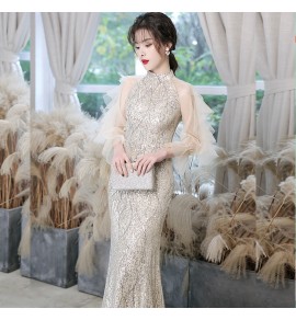 少女禮服裙立領網紗袖宴會長裙