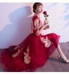 少女禮服裙V領亮片刺繡前短後長裙
