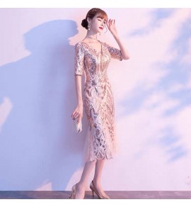少女禮服裙V領亮片魚尾中長裙