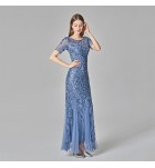 女裝禮服裙圓領亮片網紗長裙