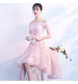 少女禮服裙一字肩短袖前短後長裙