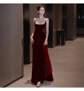 晚裝禮服裙吊帶亮片露背拖尾裙
