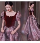 晚裝禮服裙方領泡泡袖宴會長裙