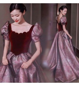 晚裝禮服裙方領泡泡袖宴會長裙