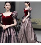 晚裝禮服裙方領泡泡袖長裙