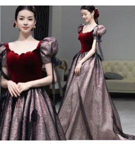 晚裝禮服裙方領泡泡袖長裙