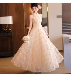 少女禮服裙掛脖流蘇露肩長裙 