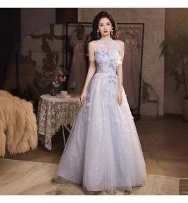 少女禮服裙掛脖流蘇露背長裙
