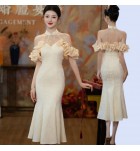 晚裝禮服裙掛脖荷葉袖中長裙