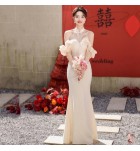 晚裝禮服裙掛脖荷葉袖長裙