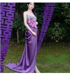 晚裝禮服裙抹胸印花壓褶長裙