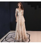 晚裝禮服裙V領半袖長裙
