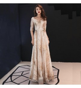 晚裝禮服裙V領半袖長裙