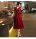 晚裝禮服裙V領敬酒服中長裙