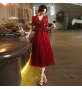 晚裝禮服裙V領敬酒服中長裙