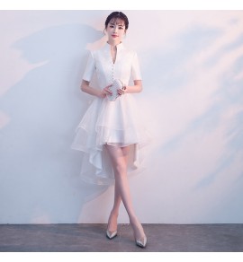 晚裝禮服裙立領聳肩五分袖前短後長裙