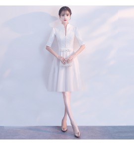 晚裝禮服裙立領聳肩五分袖短裙
