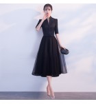 晚裝禮服裙立領聳肩五分袖中長裙