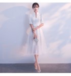 晚裝禮服裙立領聳肩五分袖中長裙