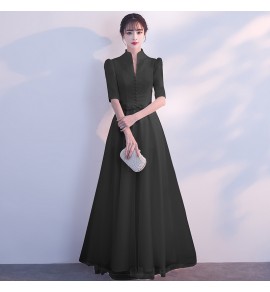 晚裝禮服裙立領聳肩五分袖長裙