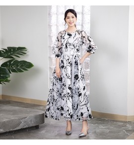 少女禮服裙圓領燈籠袖印花長裙