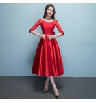 女裝禮服裙圓領蕾絲貼花中長裙