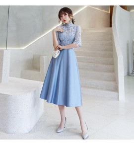 女裝禮服裙立領中袖派對中長裙