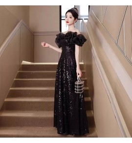 少女禮服裙一字肩泡泡袖長裙