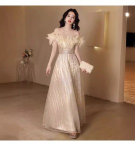 晚裝禮服裙一字肩立體花瓣長裙