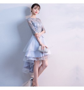 少女連身裙圓領前短後長禮服裙