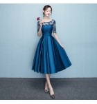 晚裝禮服透視蕾絲圓領派對中長裙