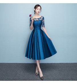 晚裝禮服透視蕾絲圓領派對中長裙