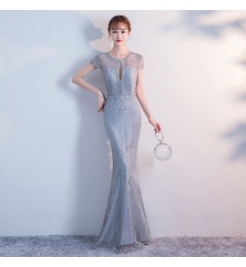 晚裝禮服裙圓領性感鏤空長裙