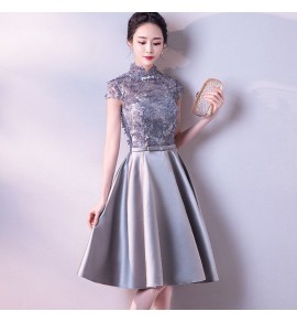 少女禮服裙立領收腰中長裙