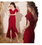 晚裝禮服裙V領酒紅色宴會前短後長裙