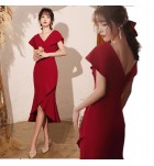 晚裝禮服裙V領酒紅色宴會前短後長裙