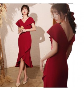 晚裝禮服裙V領酒紅色宴會前短後長裙