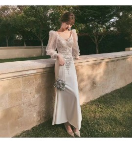 晚裝禮服裙V領繡花魚尾長裙